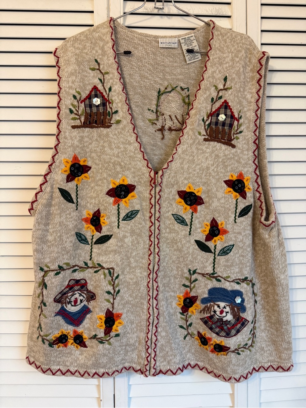 Embroidered Fall Womens Vest Scarecrow Sunflower Patchwork Oversized Teacher